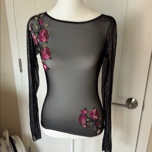 Betsey Johnson Black Pink Fitted Embellished Blouse